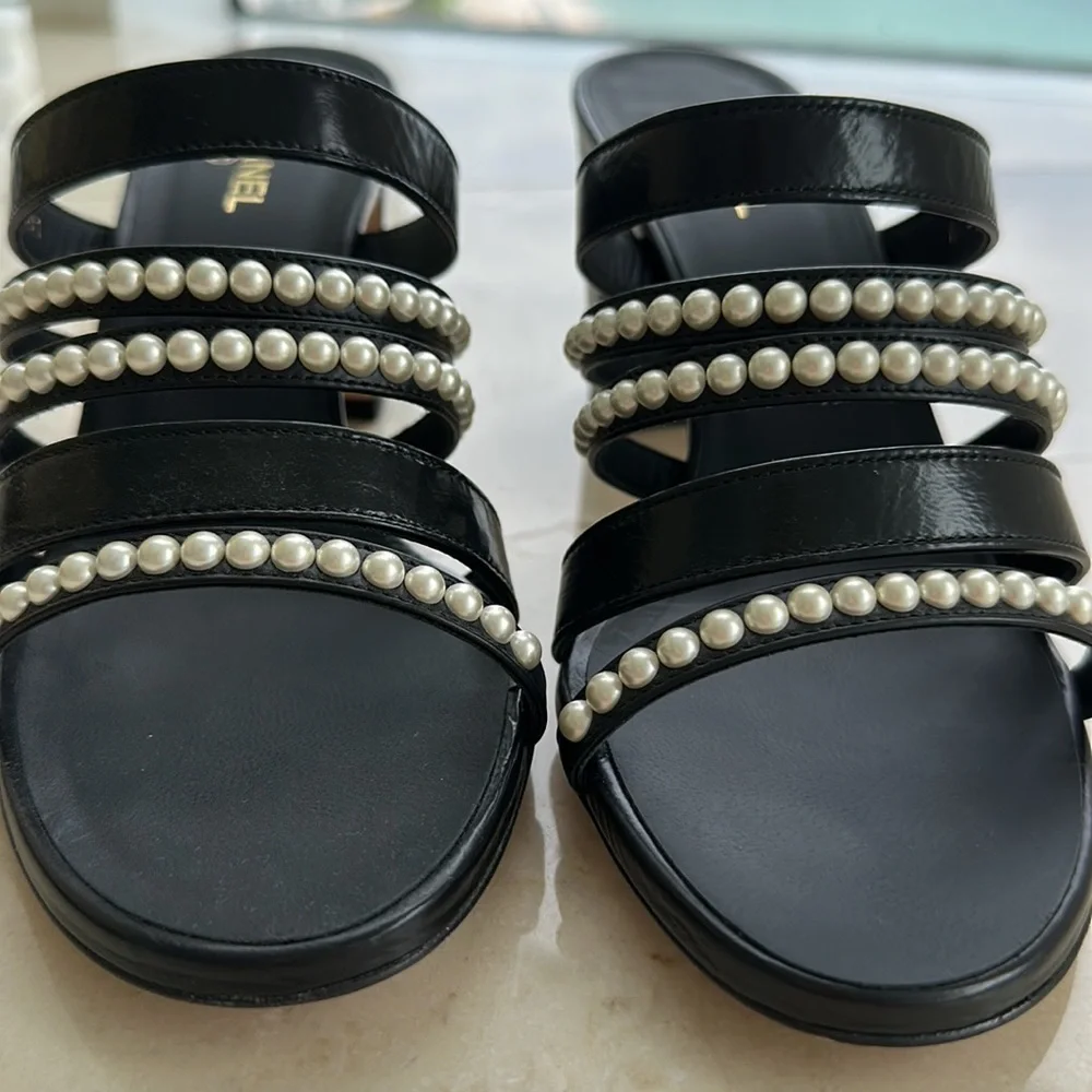 CHANEL Black Pearl-Embellished Strappy Block Heel Sandals